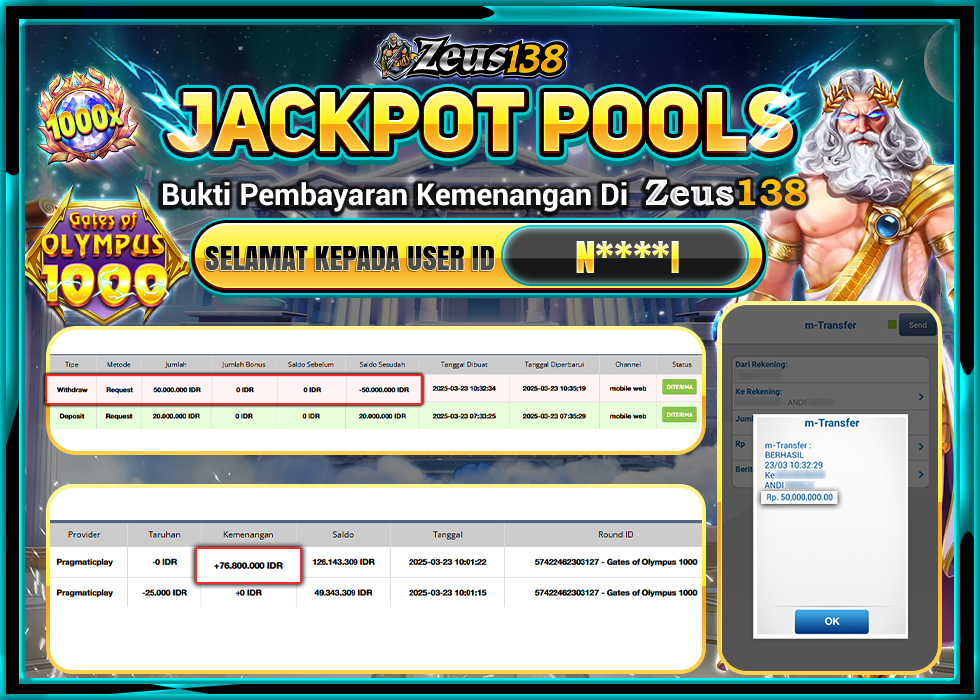 ZEUS138 JACKPOT GATES OF OLYMPUS 1000 Rp.50.000.000,- LUNAS